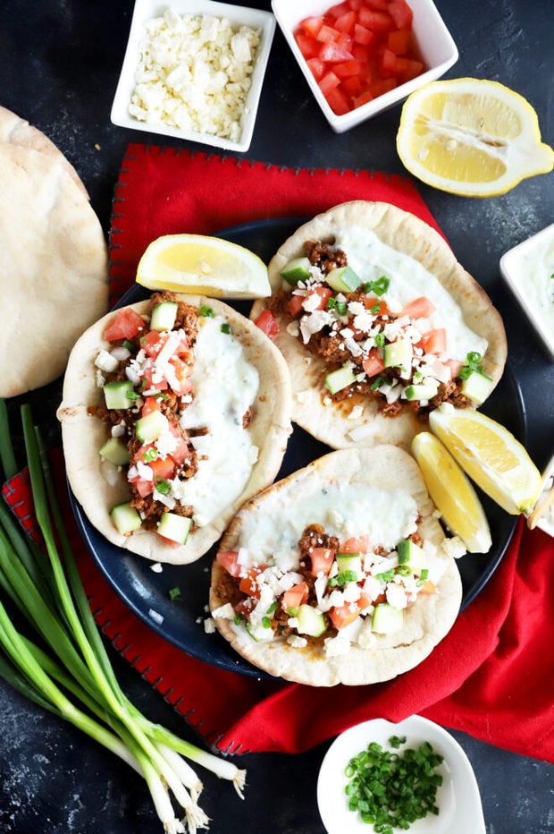 Overhead photo of Greek pitas for dinner