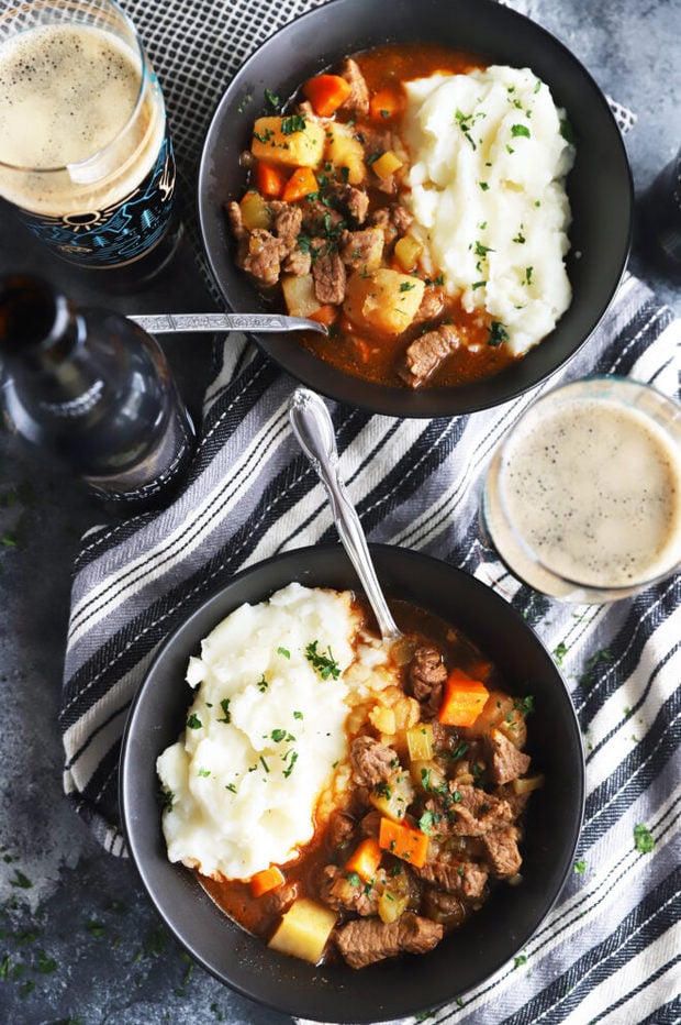 Overhead photo of Irish beef stew in bowls