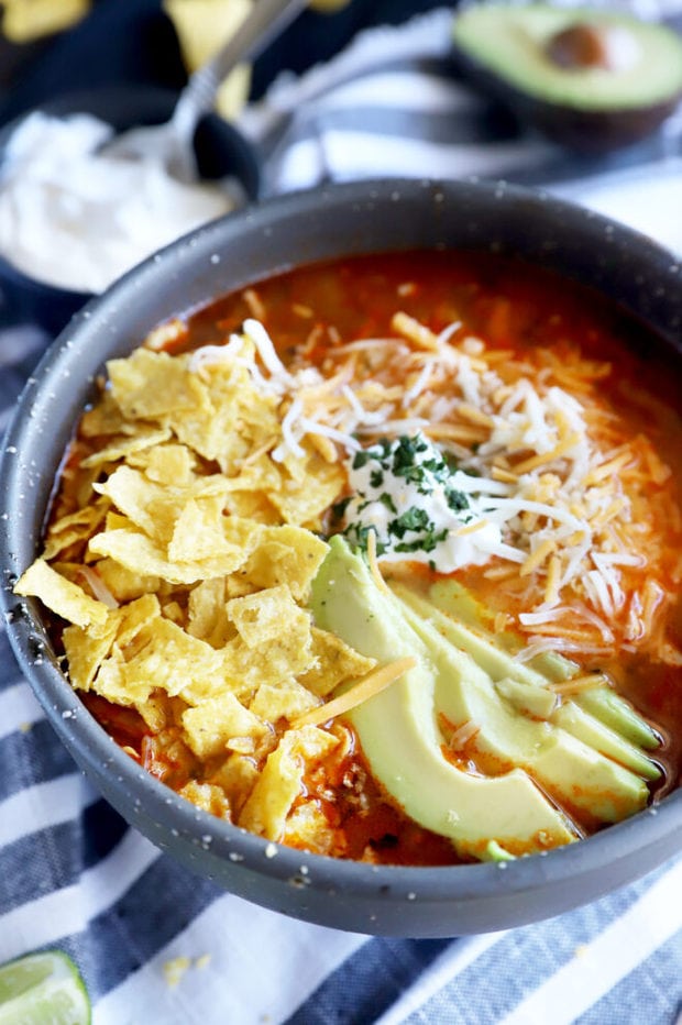 Side photo of tortilla soup in a bowl
