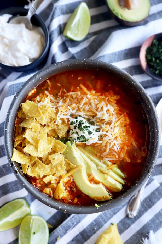 Overhead photo of tortilla soup in a bowl
