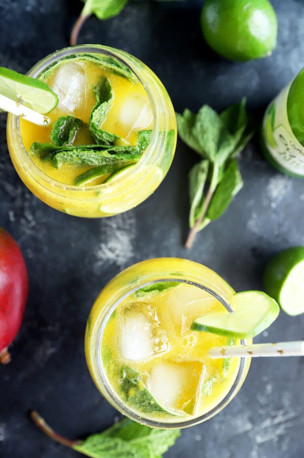 Overhead photo of mango mojito mocktail