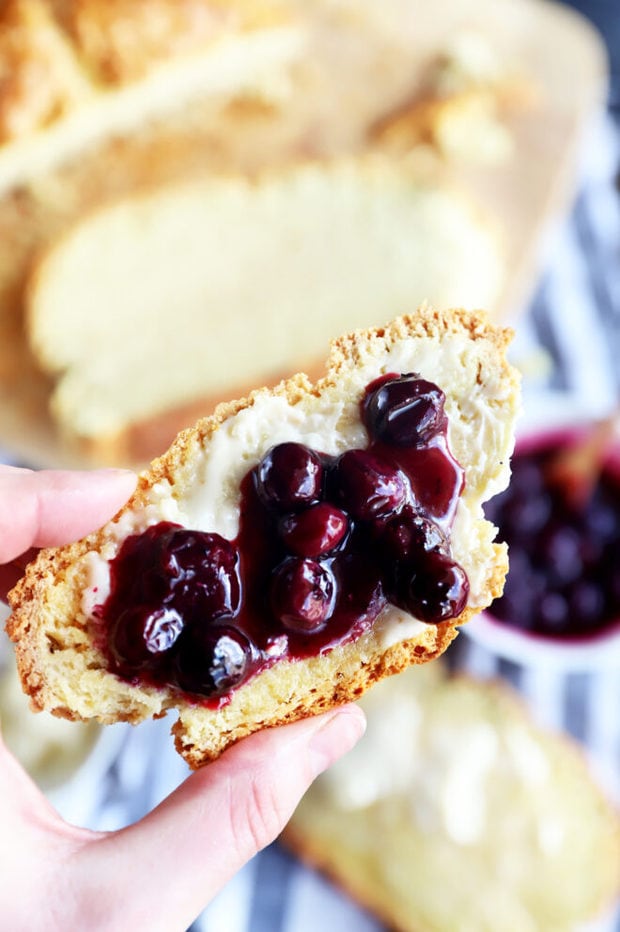 Hand holding slice of no yeast white bread