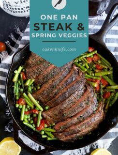 Steak and vegetables skillet dinner Pinterest graphic