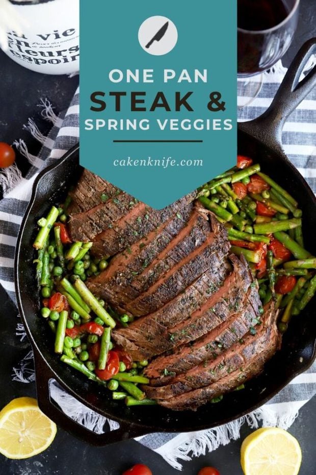Steak and vegetables skillet dinner Pinterest graphic