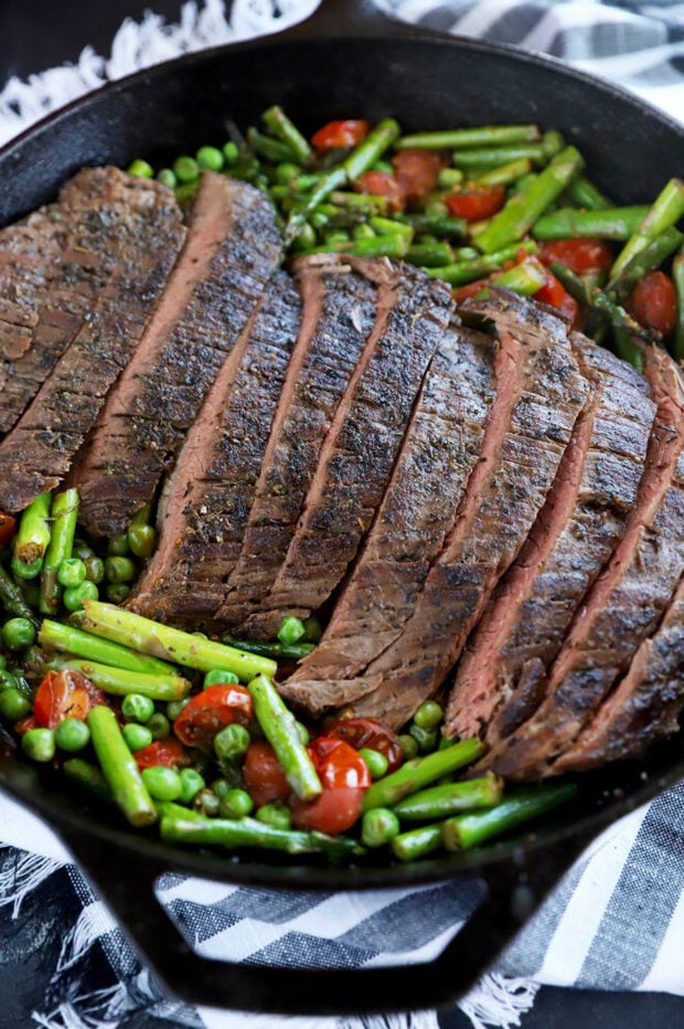 Steak in skillet with vegetables recipe
