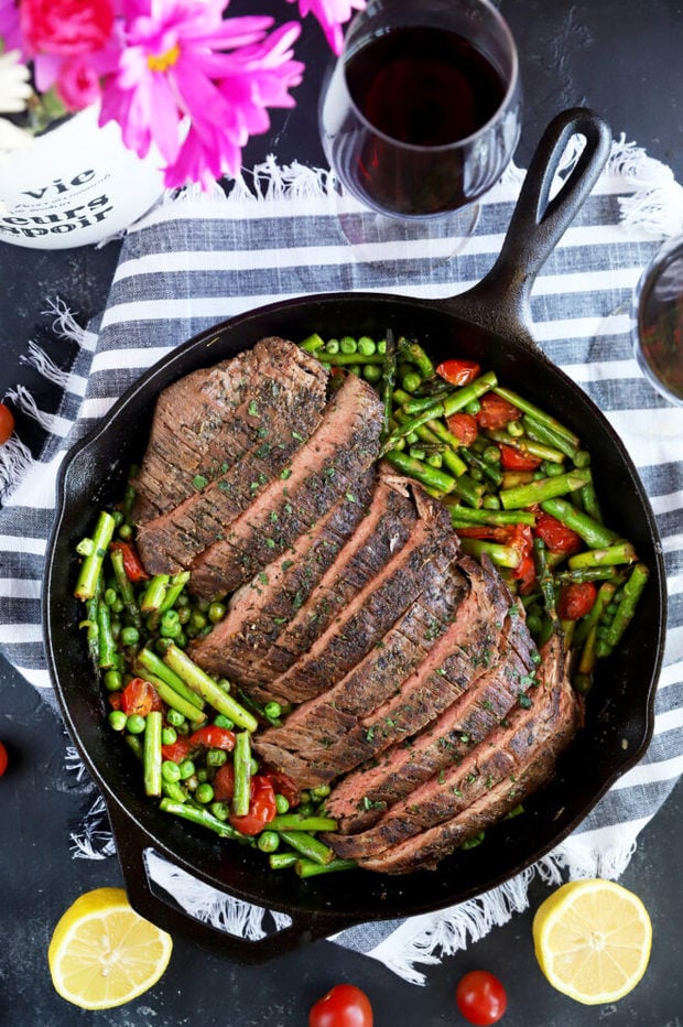 Overhead photo of one pan steak and vegetables