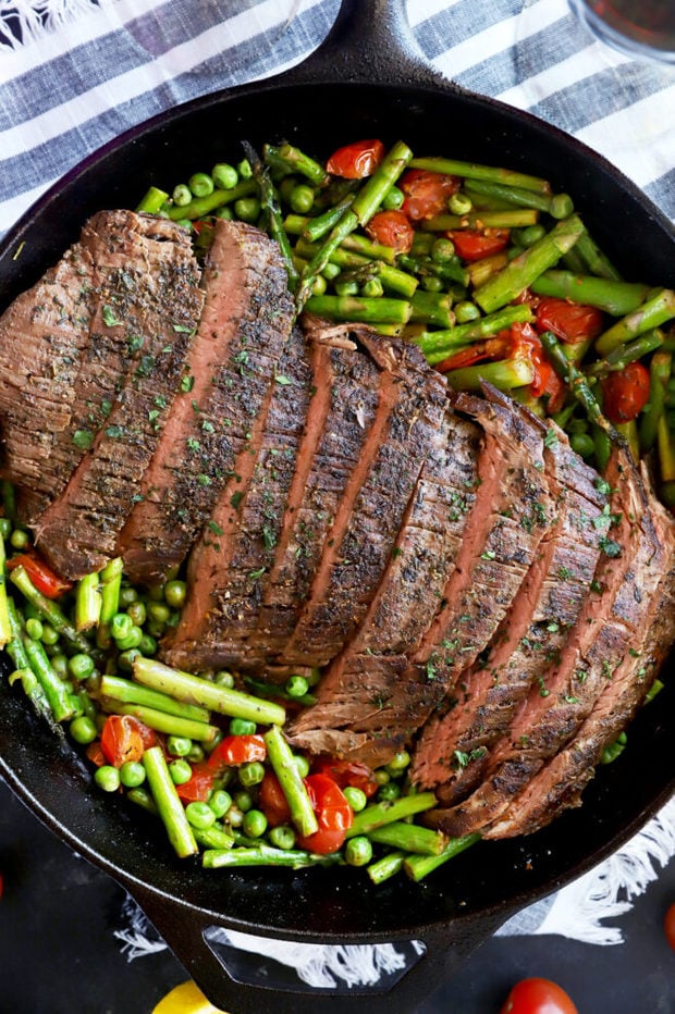 Sliced flank steak and vegetables photo