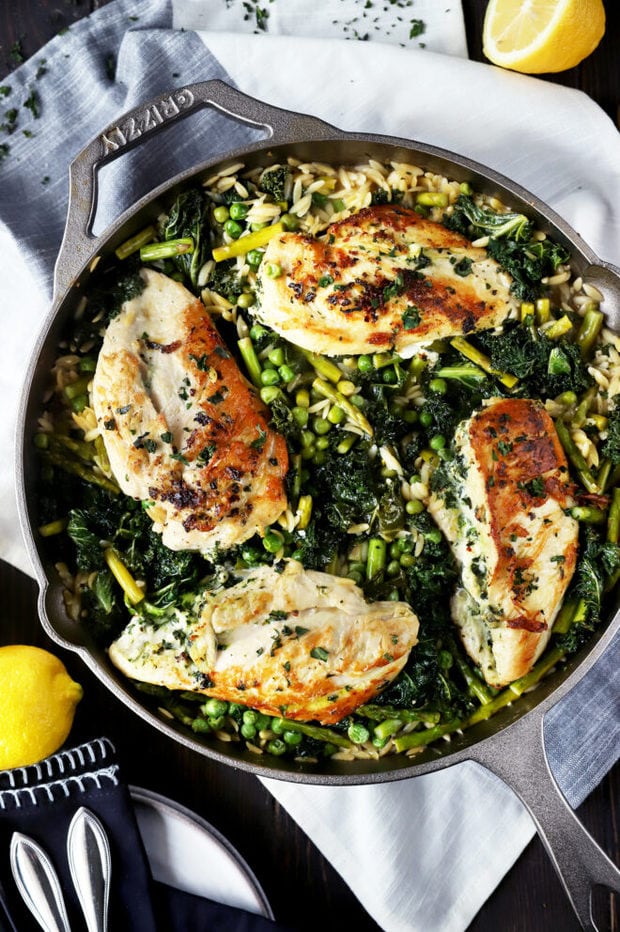 Overhead photo of one skillet stuffed chicken