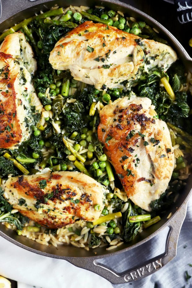 Chicken in a skillet with orzo photo