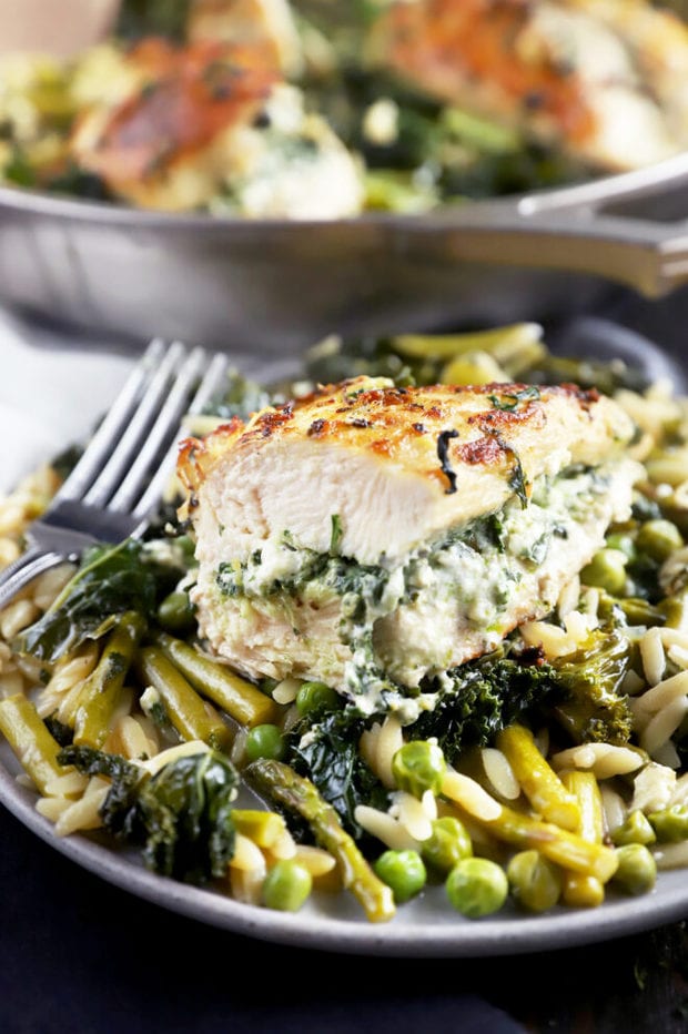 One Skillet Lemon Goat Cheese Stuffed Chicken and Orzo | Cake 'n Knife