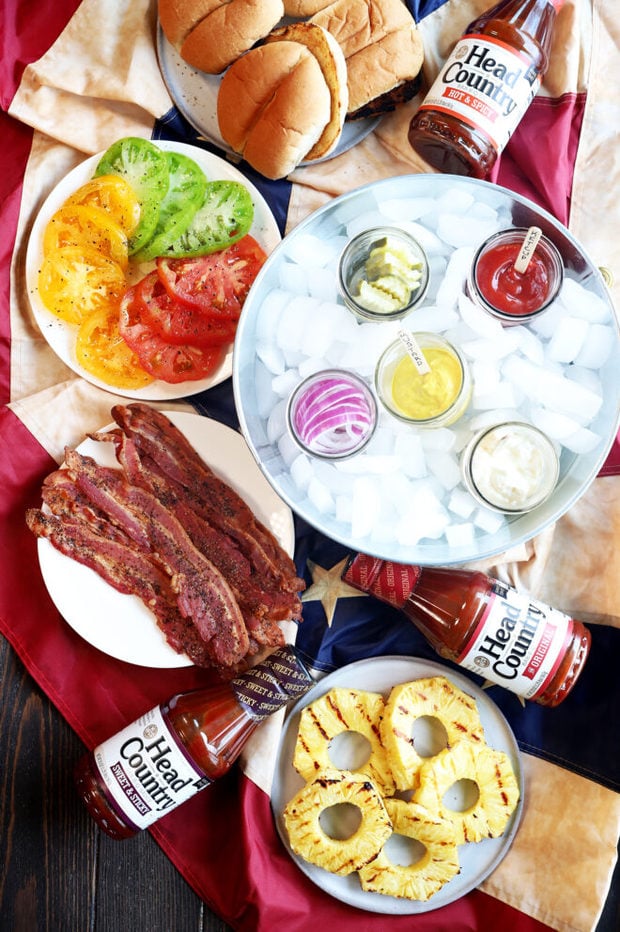 Overhead photo of gourmet BBQ burger bar