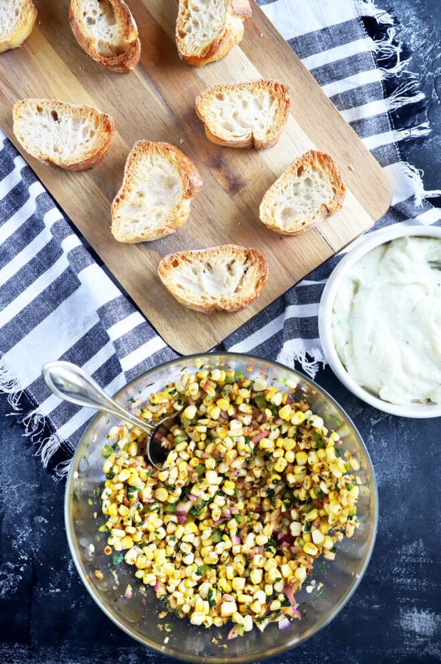 Ingredients for corn crostini overhead photo