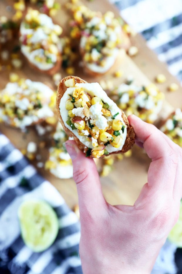 Photo of corn crostini in hand