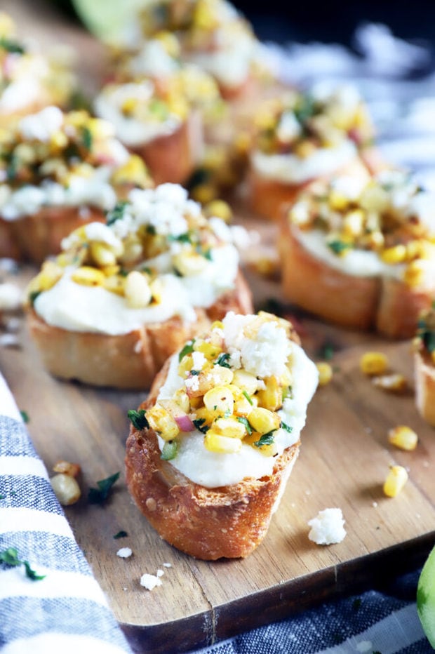 Side photo of grilled mexican corn crostini