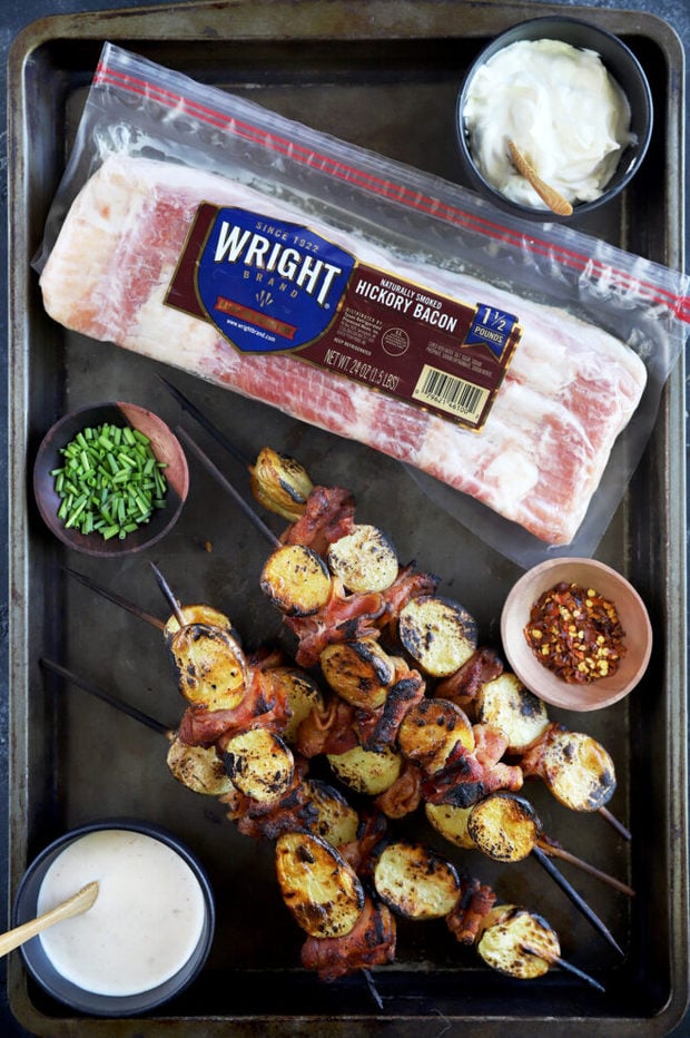 Overhead photo of skewers and Wright bacon