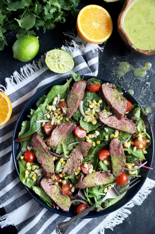 Photo of steak salad with corn and tomatoes