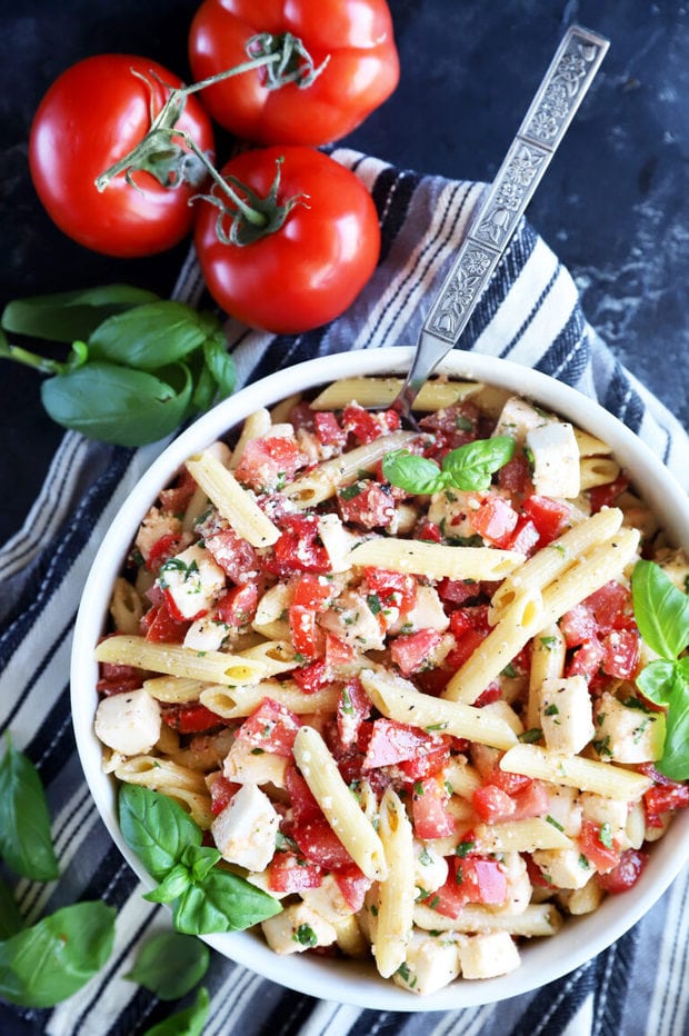 Overhead photo of lemon pasta salad