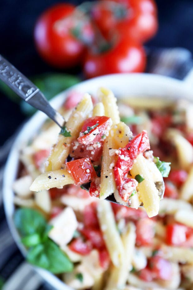 Overhead photo of summer pasta salad