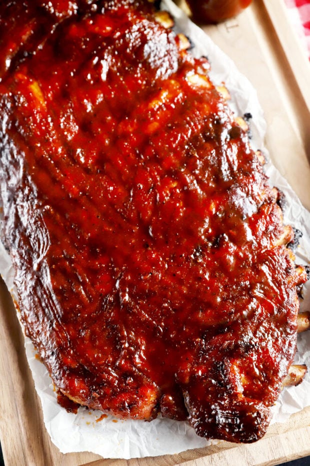 Overhead rack of bbq apple cider ribs photo