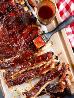 Apple cider ribs overhead photo on cutting board