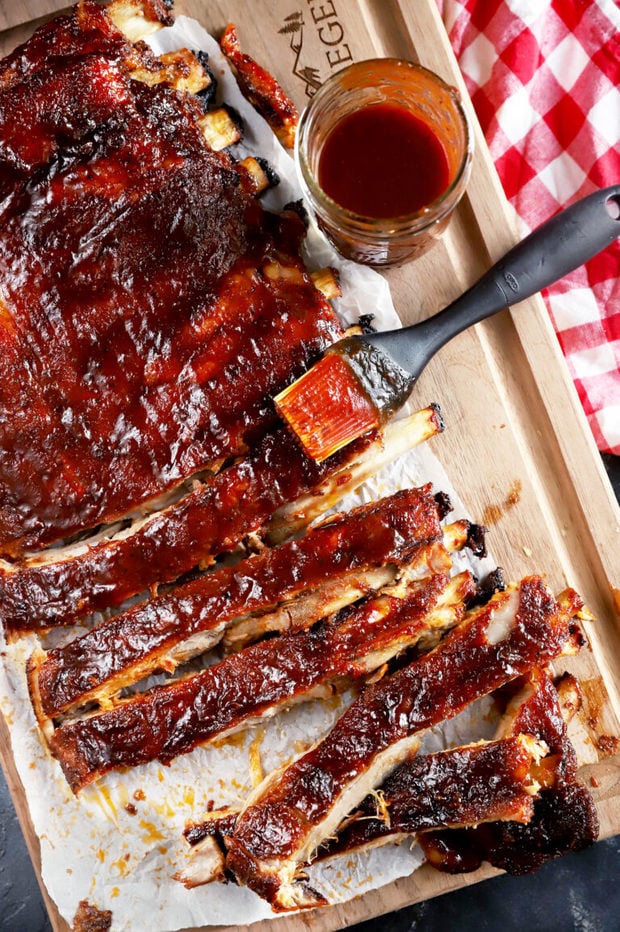 Apple cider ribs overhead photo on cutting board