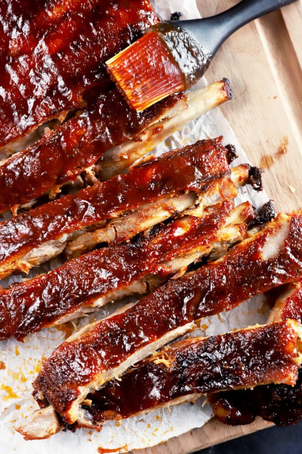 BBQ ribs sliced on cutting board picture