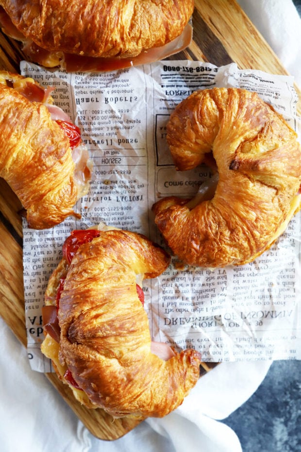 Overhead photo of breakfast croissant sandwiches