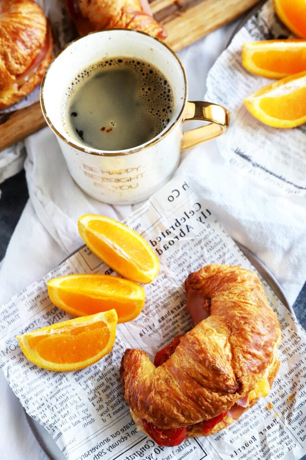 Overhead photo of croissant breakfast