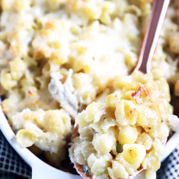 Jalapeño Chicken Havarti Mac and Cheese in a dish with serving spoon picture