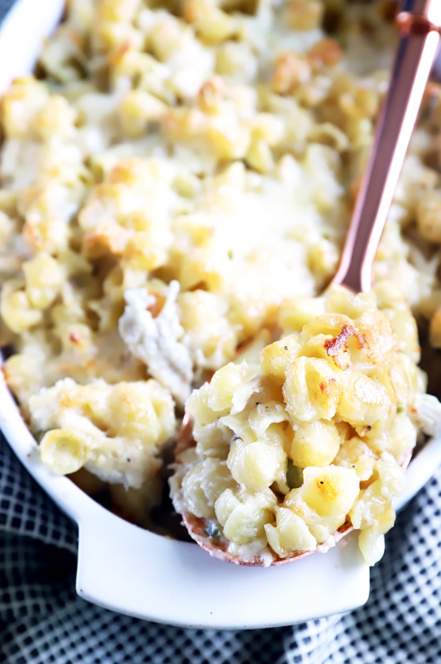 Jalapeño Chicken Havarti Mac and Cheese in a dish with serving spoon picture