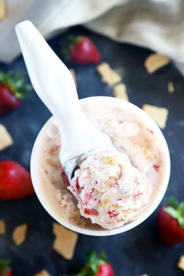 Overhead photo of strawberry cheesecake ice cream