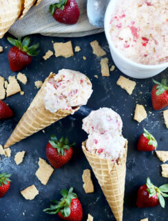 Strawberry cheesecake ice cream in cones photo