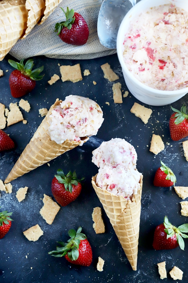Strawberry cheesecake ice cream in cones photo