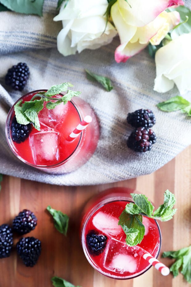 Overhead photo of cocktails in glasses