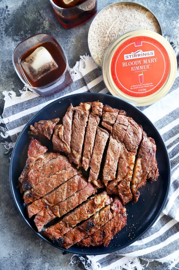 Overhead photo of sliced steak on plate