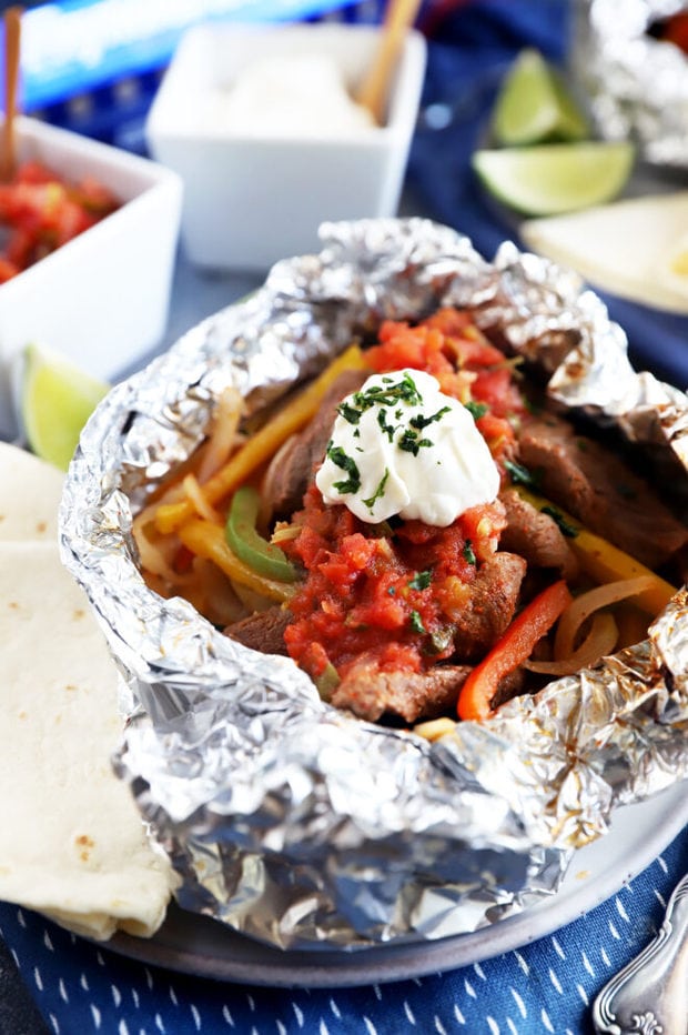 Picture of an open steak fajita foil packet