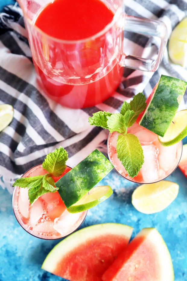 Overhead photo of watermelon juice in glasses