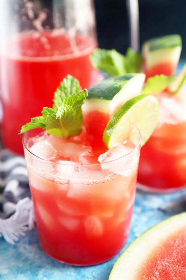 Watermelon drink in glass photo from side