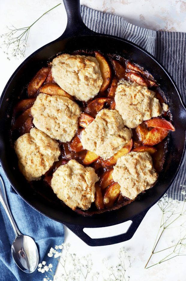 Grilled peach cobbler in skillet photo