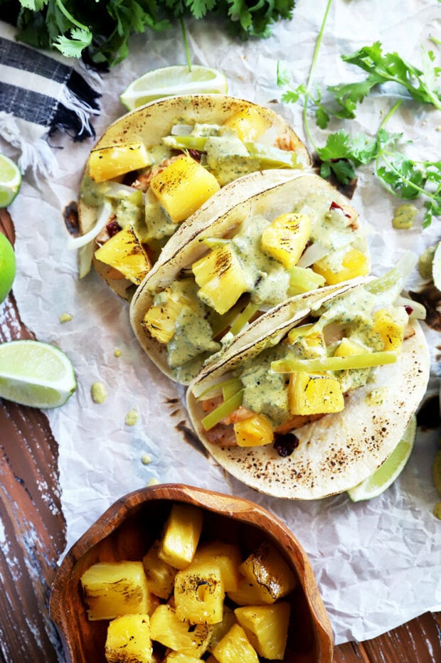 Overhead photo of chipotle chicken tacos