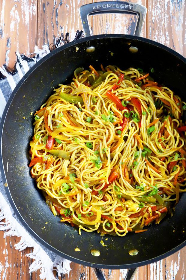 Overhead photo of asian takeout dish in pan