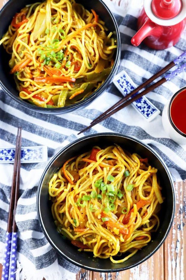 Overhead photo of Asian noodles with chopsticks