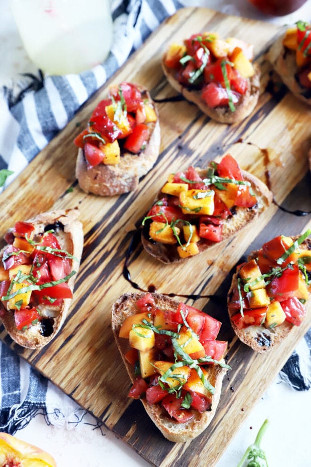 Tomato Peach Bruschetta Recipe Overhead photo