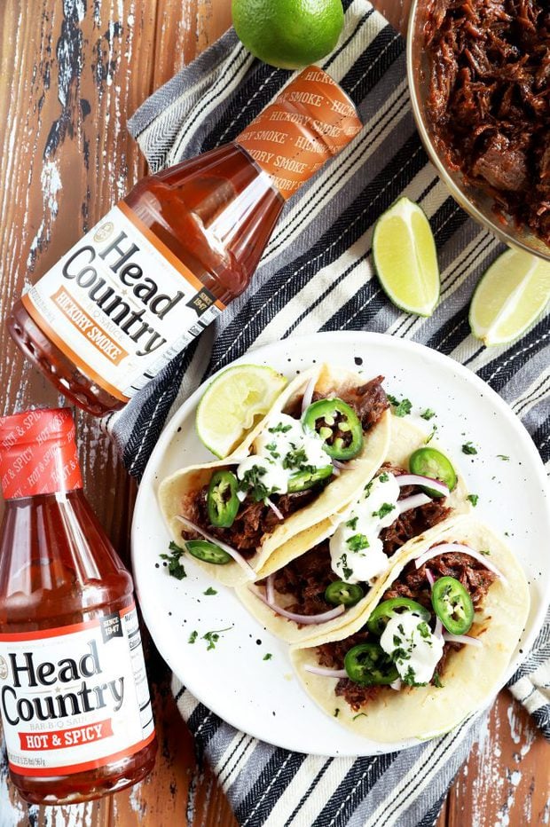 Overhead photo of BBQ tacos and Head Country