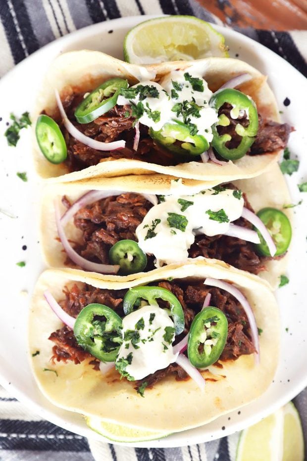 Overhead picture of BBQ short rib tacos