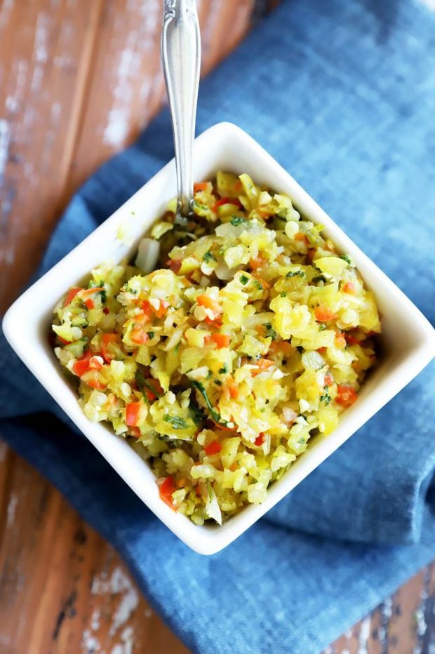 Relish in a bowl overhead image