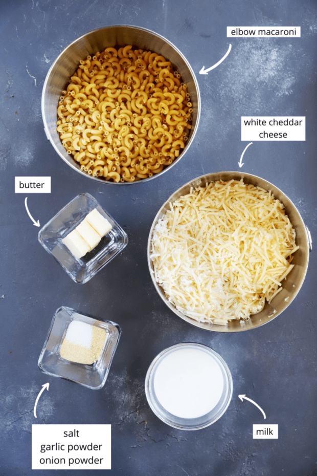 Ingredients for white cheddar mac and cheese image