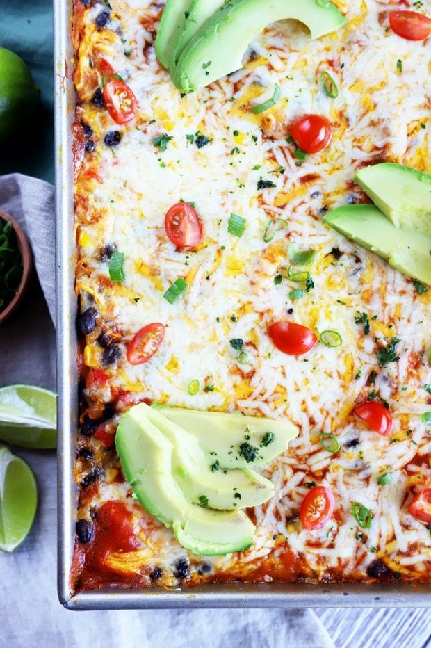 Overhead photo of pumpkin enchilada bake