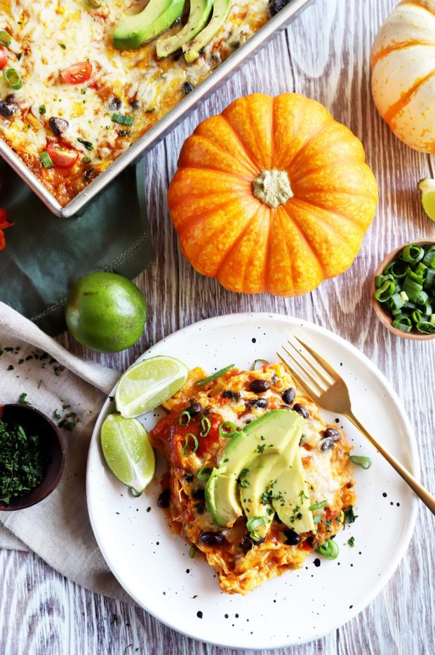 Spicy Black Bean Chicken Pumpkin Enchilada Bake