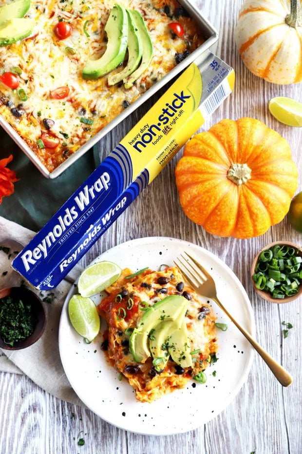 Photo of pumpkin enchilada bake and Reynolds Wrap Foil